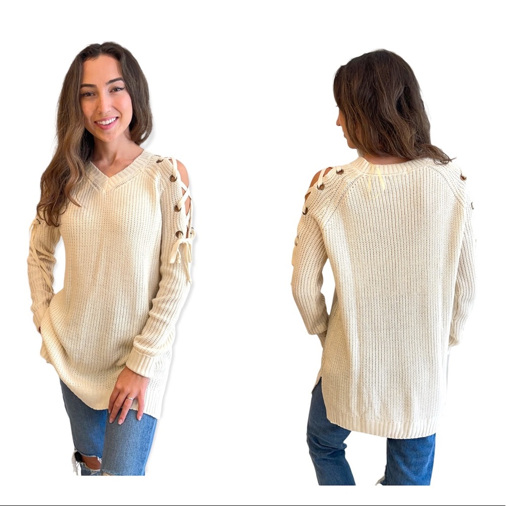 NWOT Cream Shoulder Lace-Up Sweater